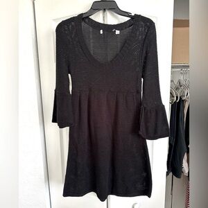 Boho Crotchet Knit Black Mini Dress w Bell Sleeves